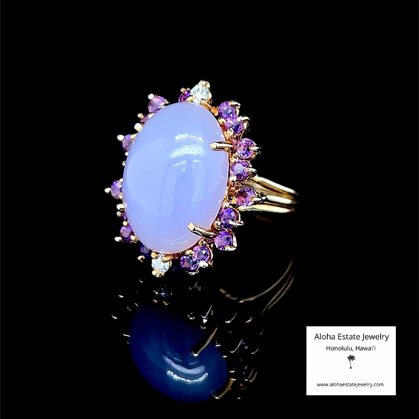Vintage 14K Lavender Jadeite Ring With Amethyst and Diamond