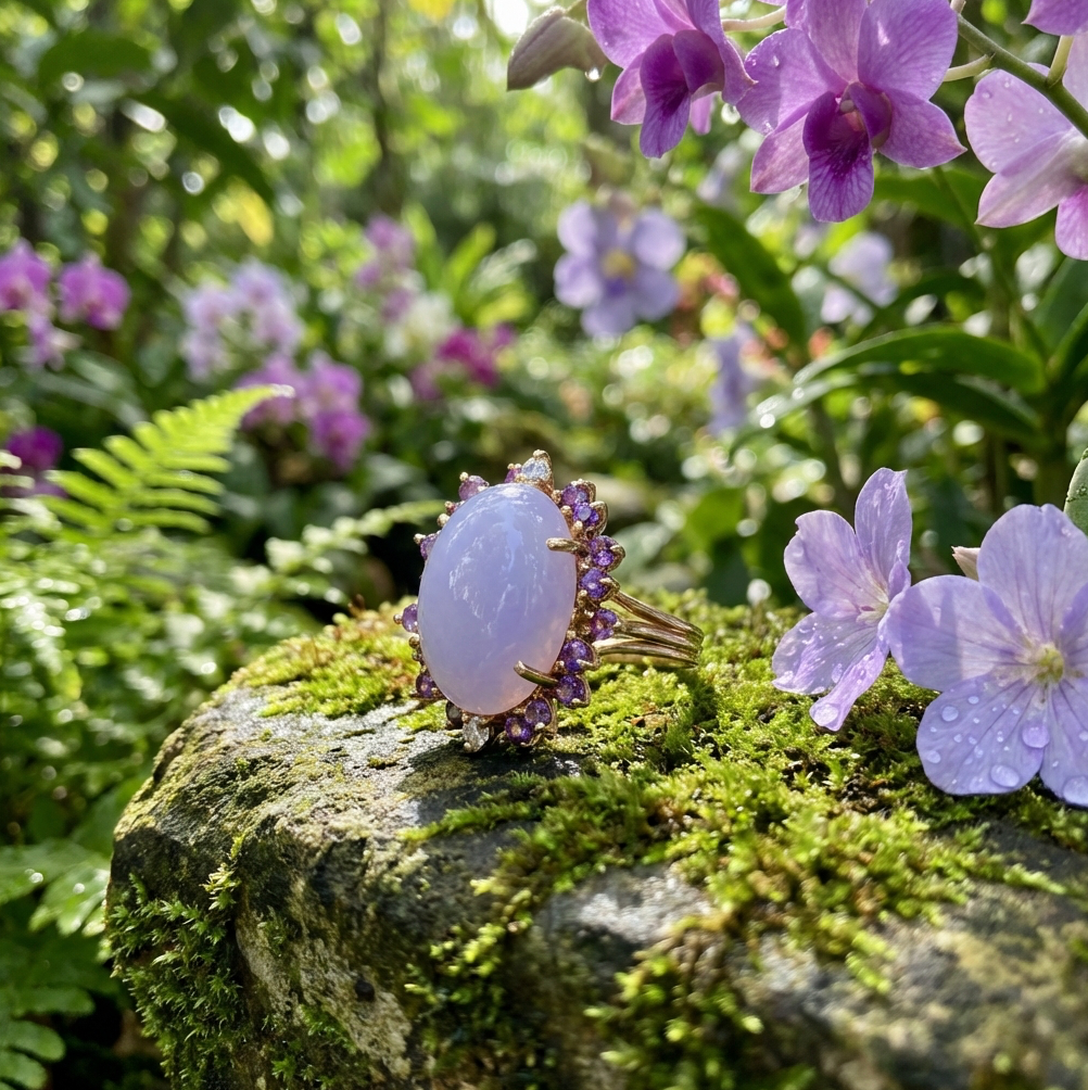 Vintage 14K Lavender Jadeite Ring With Amethyst and Diamond