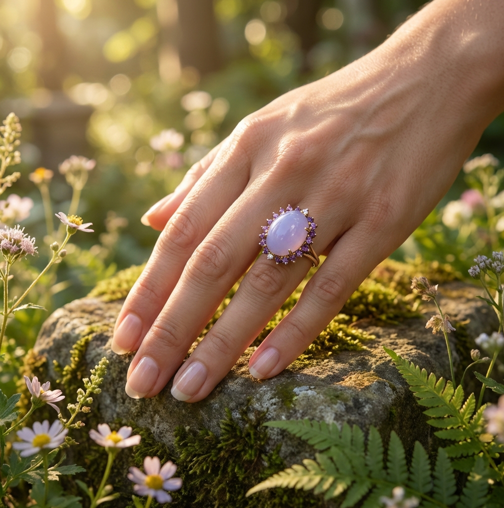 Vintage 14K Lavender Jadeite Ring With Amethyst and Diamond