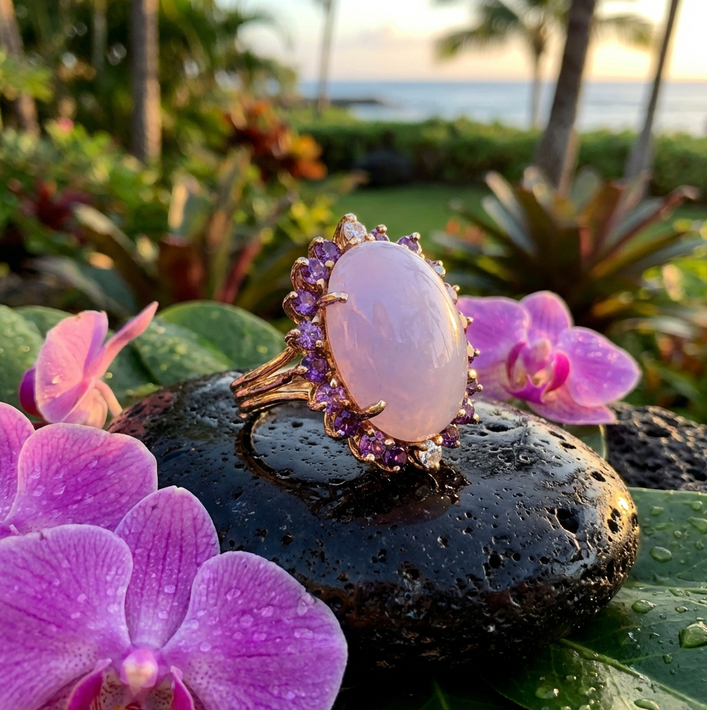 Vintage 14K Lavender Jadeite Ring With Amethyst and Diamond
