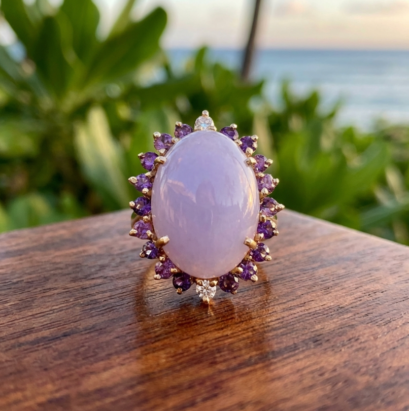 Vintage 14K Lavender Jadeite Ring With Amethyst and Diamond