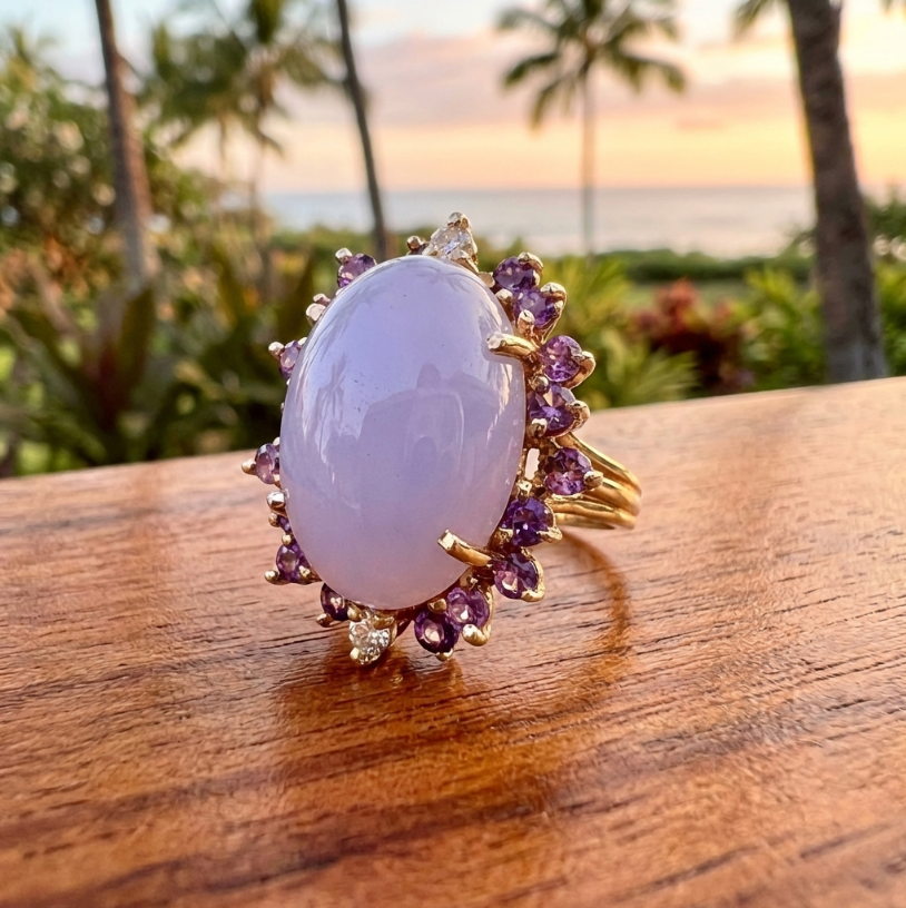 Vintage 14K Lavender Jadeite Ring With Amethyst and Diamond