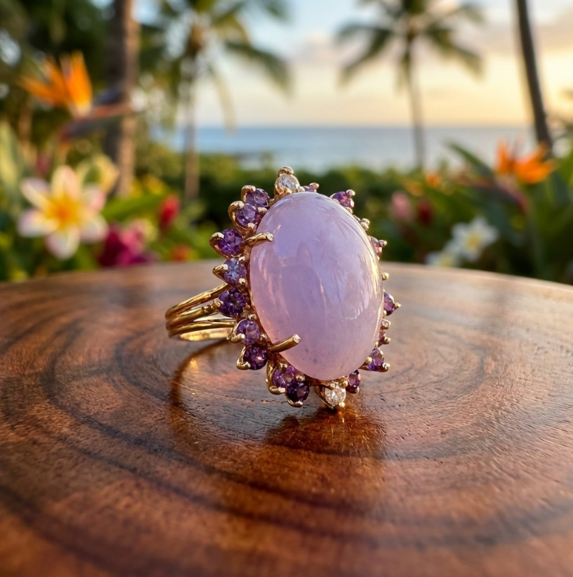 Vintage 14K Lavender Jadeite Ring With Amethyst and Diamond