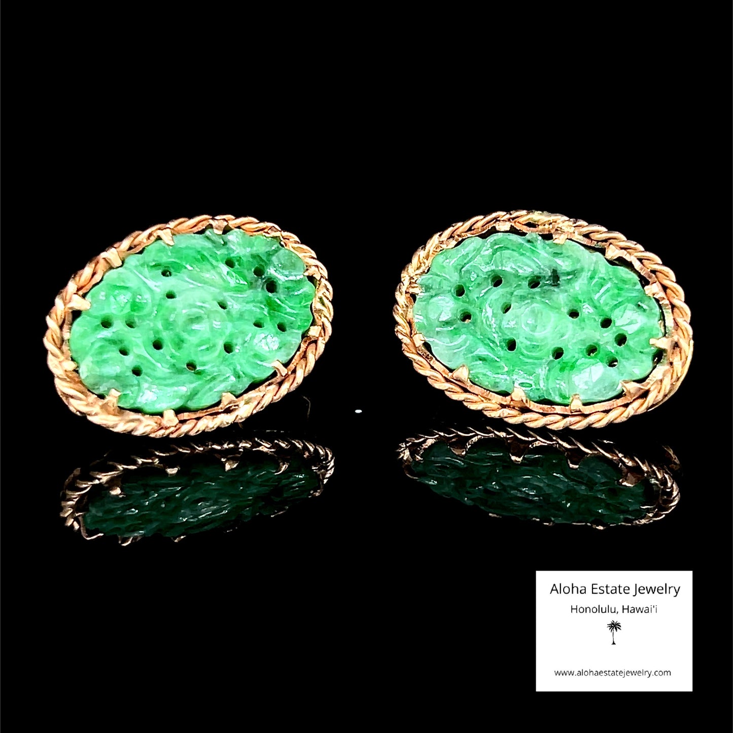 Vintage Hand Carved Jadeite Earrings in 14K Yellow Gold