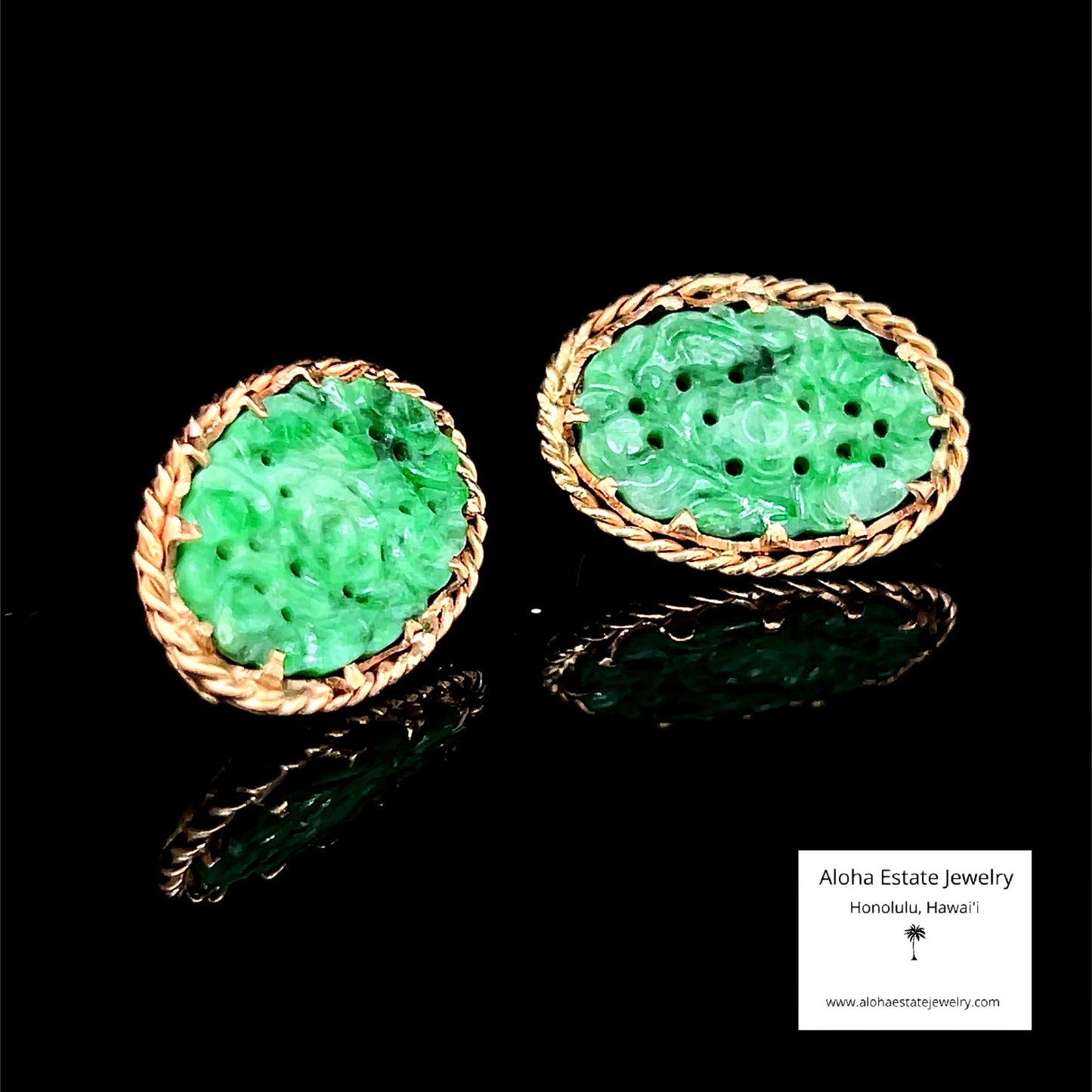 Vintage Hand Carved Jadeite Earrings in 14K Yellow Gold