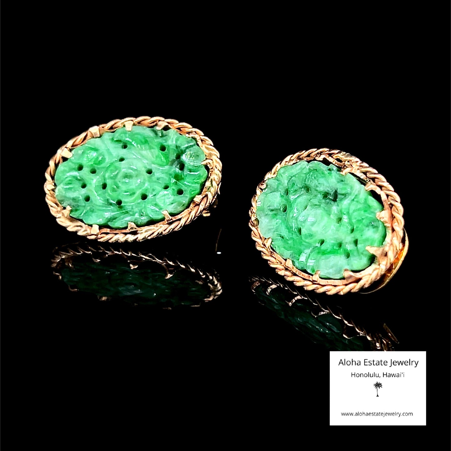Vintage Hand Carved Jadeite Earrings in 14K Yellow Gold