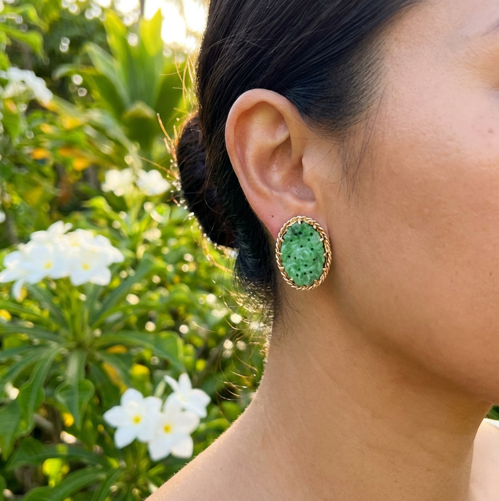Vintage Hand Carved Jadeite Earrings in 14K Yellow Gold