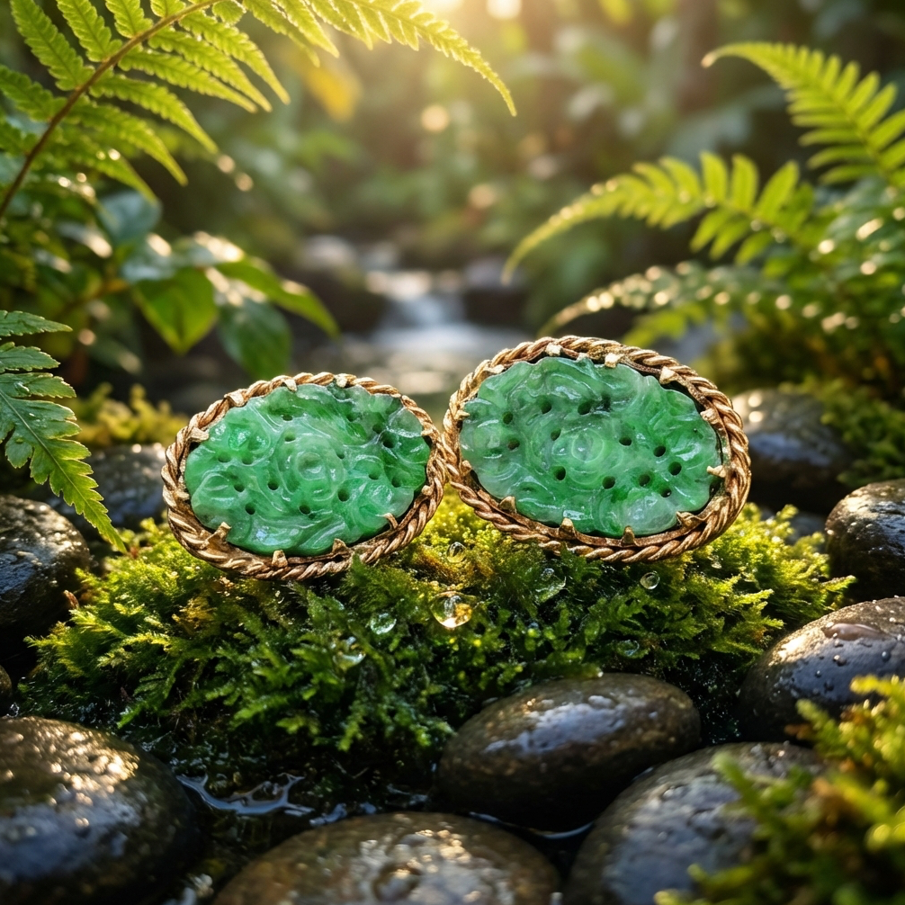 Vintage Hand Carved Jadeite Earrings in 14K Yellow Gold