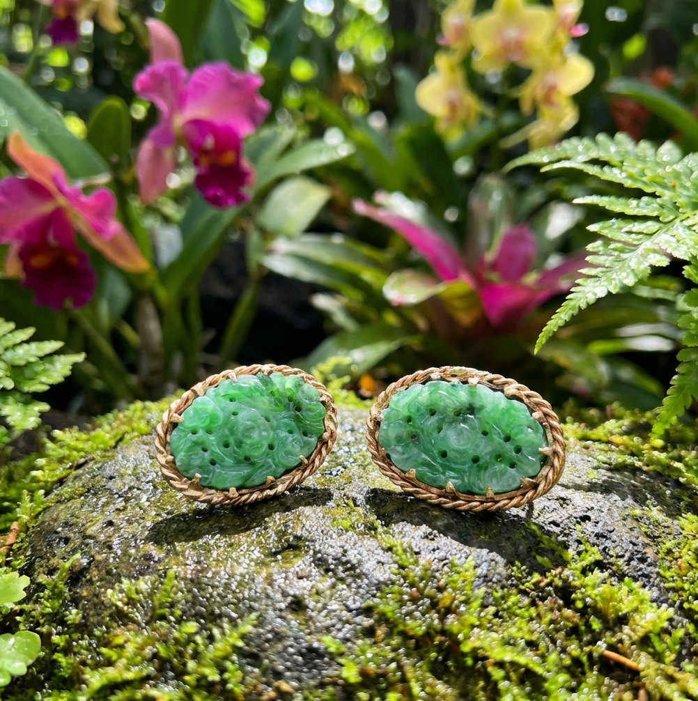 Vintage Hand Carved Jadeite Earrings in 14K Yellow Gold