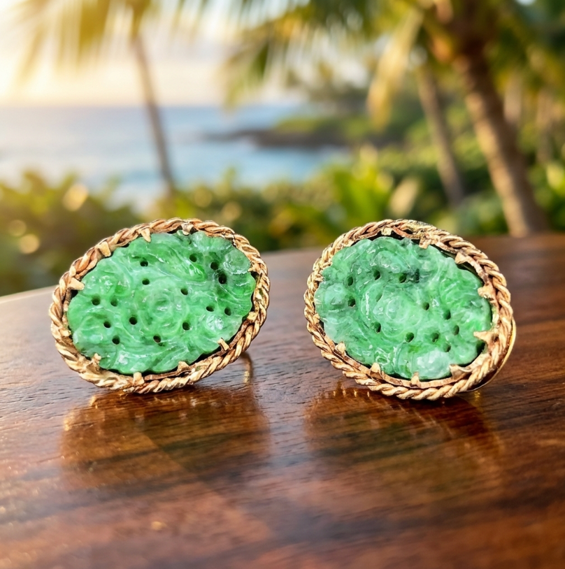 Vintage Hand Carved Jadeite Earrings in 14K Yellow Gold