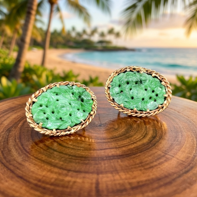 Vintage Hand Carved Jadeite Earrings in 14K Yellow Gold