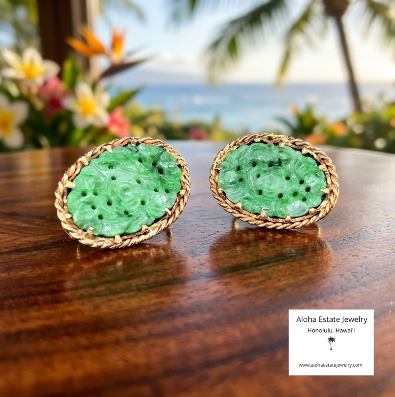 Vintage Hand Carved Jadeite Earrings in 14K Yellow Gold