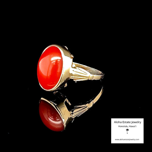 Vintage 14K Italian Mediterranean Coral Cabochon Ring