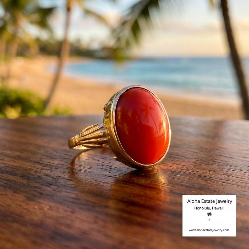 Vintage 14K Italian Mediterranean Coral Cabochon Ring Aloha Estate vintage-14k-italian-mediterranean-coral-cabochon-ring-aloha-estate