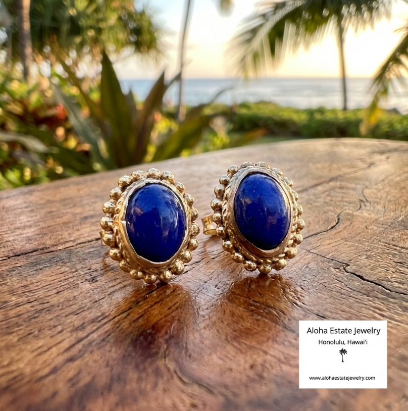 Lovely 14K Lapis Lazuli Cabochon Earrings
