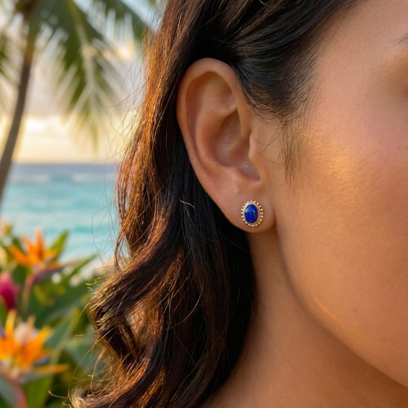 Lovely 14K Lapis Lazuli Cabochon Earrings