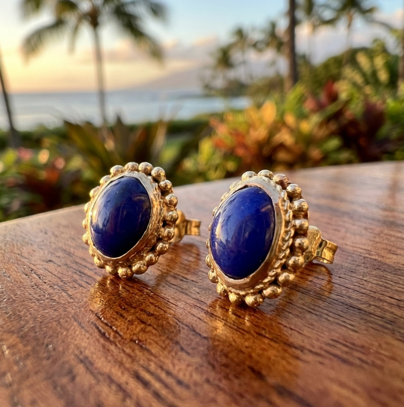 Lovely 14K Lapis Lazuli Cabochon Earrings