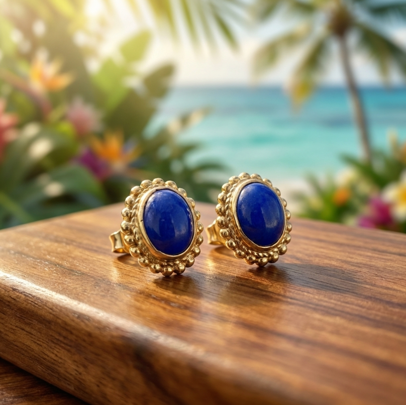 Lovely 14K Lapis Lazuli Cabochon Earrings