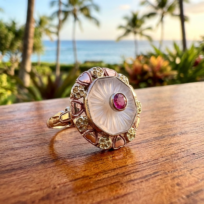 Antique Edwardian-Revival Rock Crystal and Ruby Ring