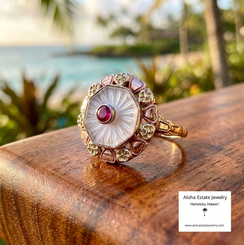 Antique Edwardian-Revival Rock Crystal and Ruby Ring