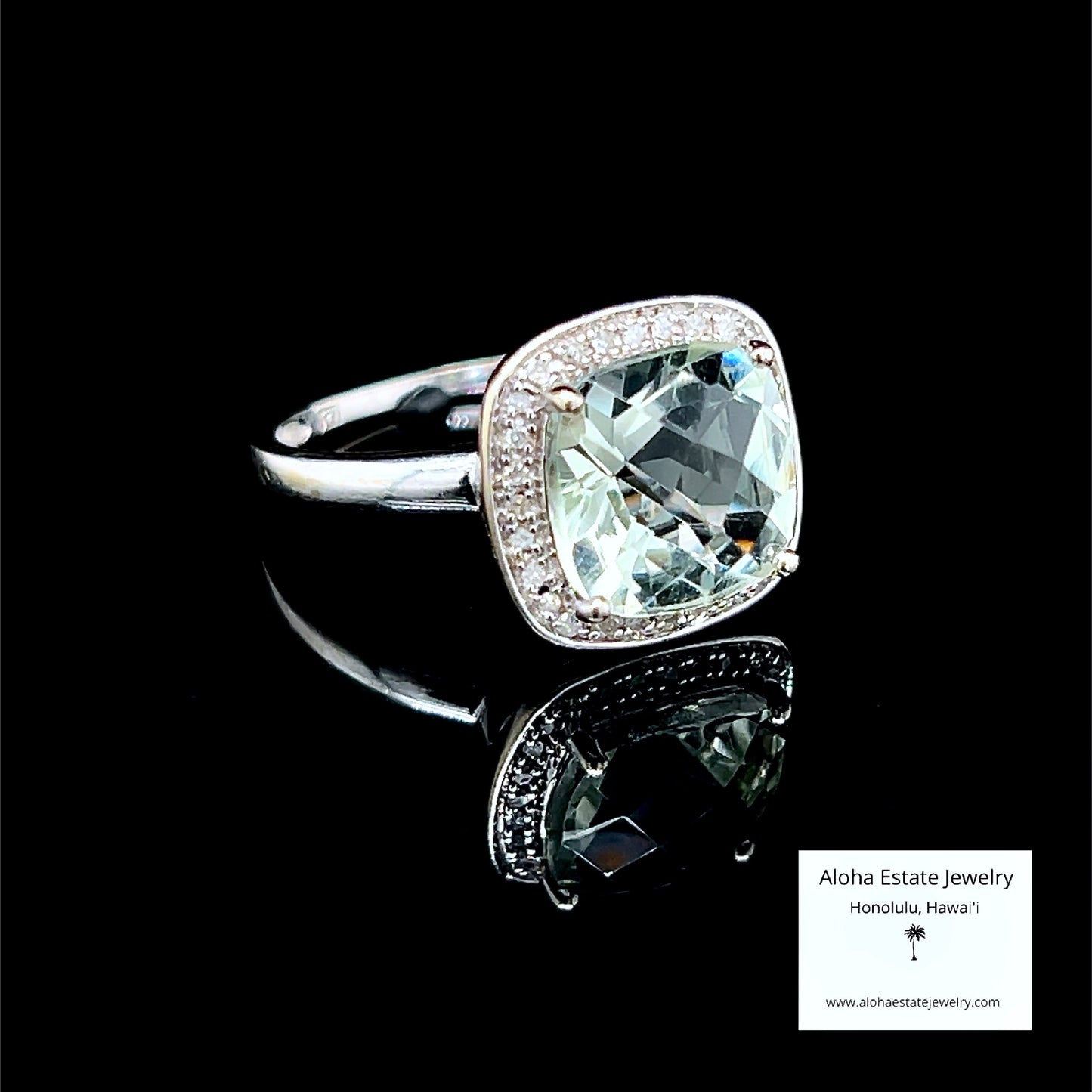 Estate Prasiolite Solitaire Ring in 14K White Gold Setting