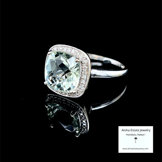 Estate Prasiolite Solitaire Ring in 14K White Gold Setting