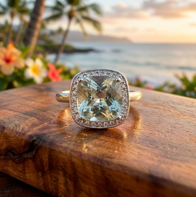 Estate Prasiolite Solitaire Ring in 14K White Gold Setting