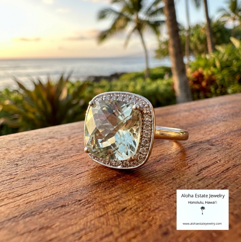 Estate Prasiolite Solitaire Ring in 14K White Gold Setting