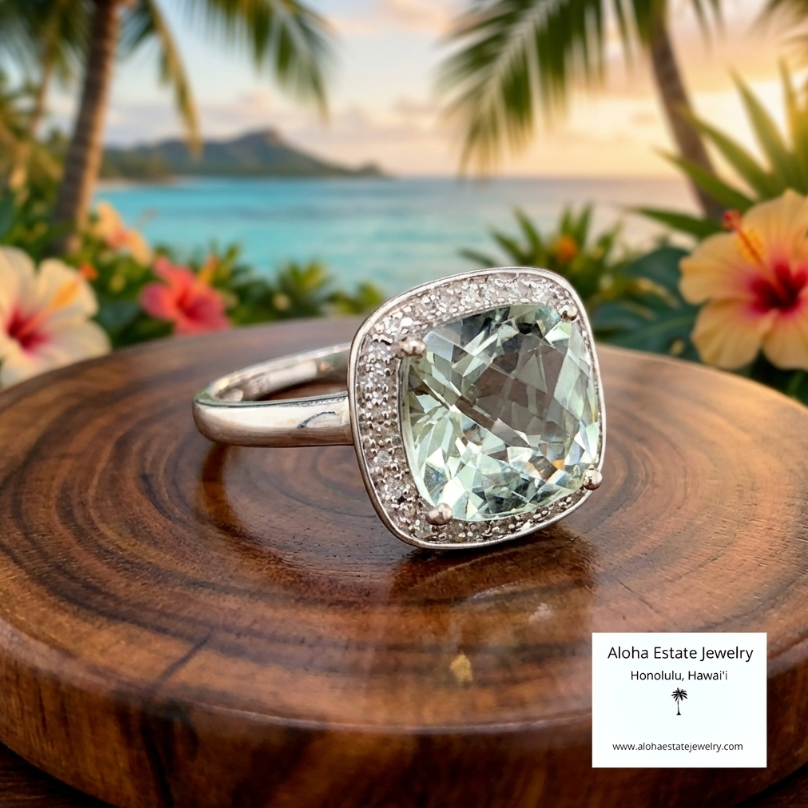 Estate Prasiolite Solitaire Ring in 14K White Gold Setting