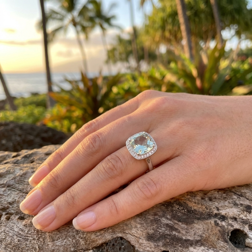Estate Prasiolite Solitaire Ring in 14K White Gold Setting