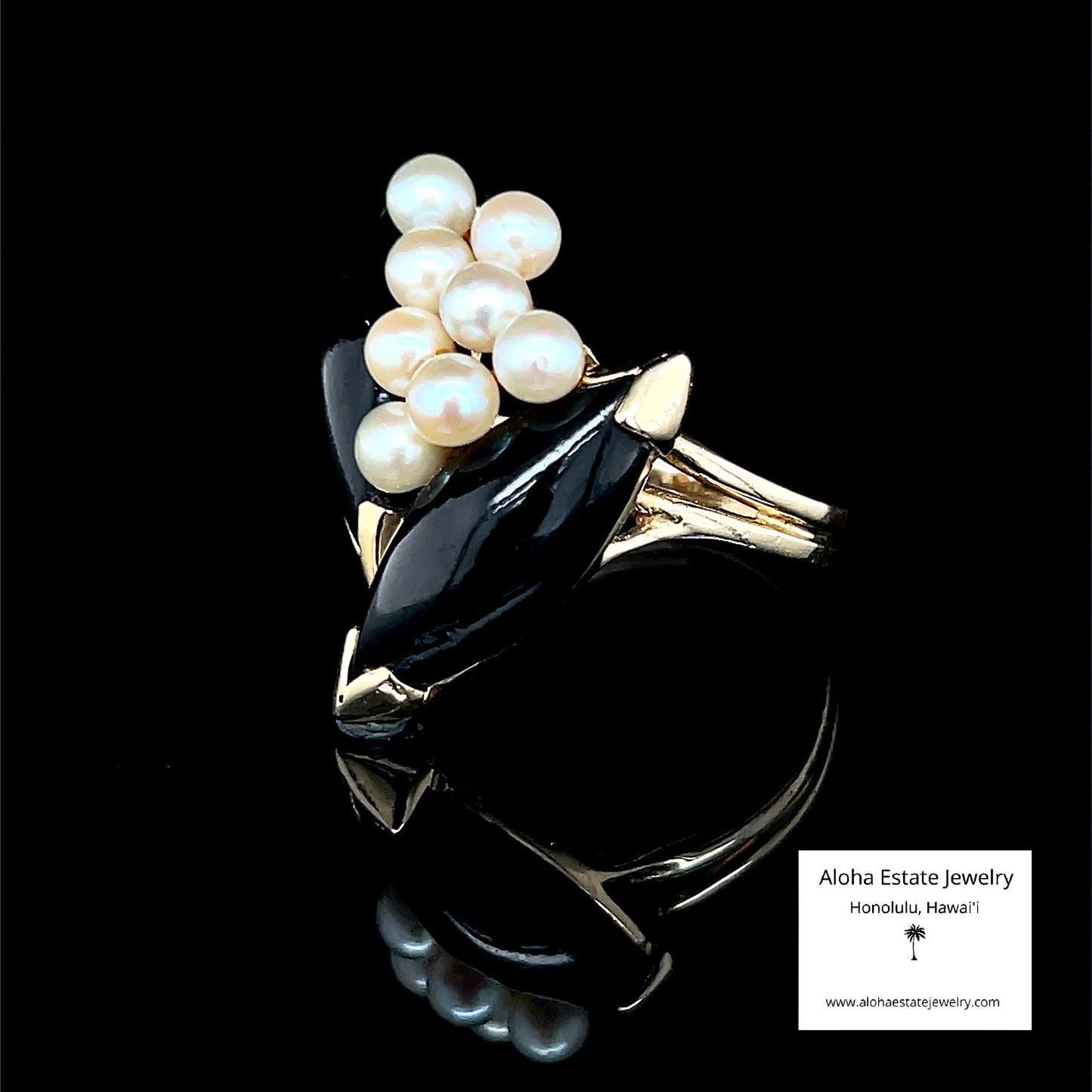 Vintage Double Marquise Onyx and Pearl Ring in 14K Yellow Gold