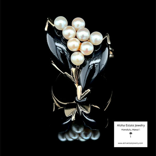 Vintage Double Marquise Onyx and Pearl Ring in 14K Yellow Gold