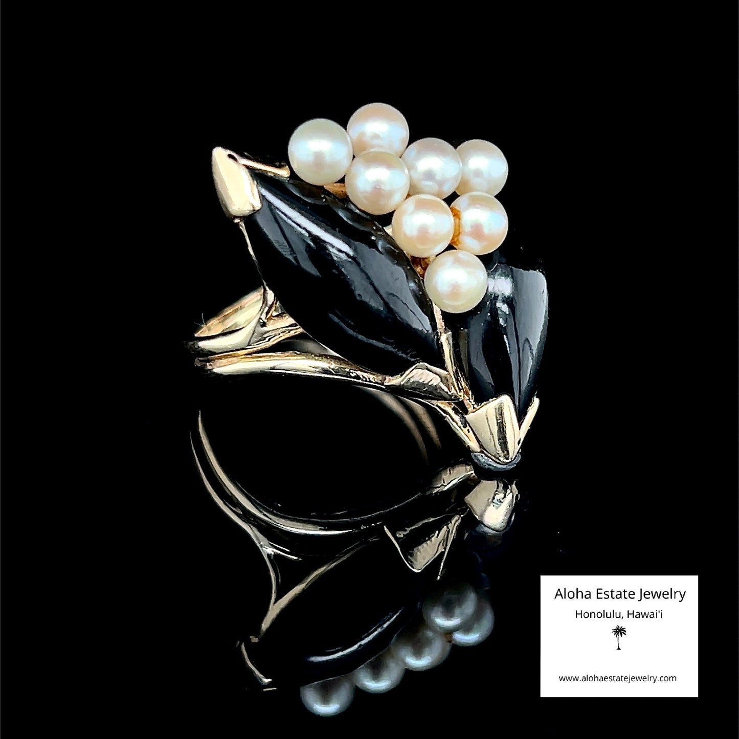 Vintage Double Marquise Onyx and Pearl Ring in 14K Yellow Gold