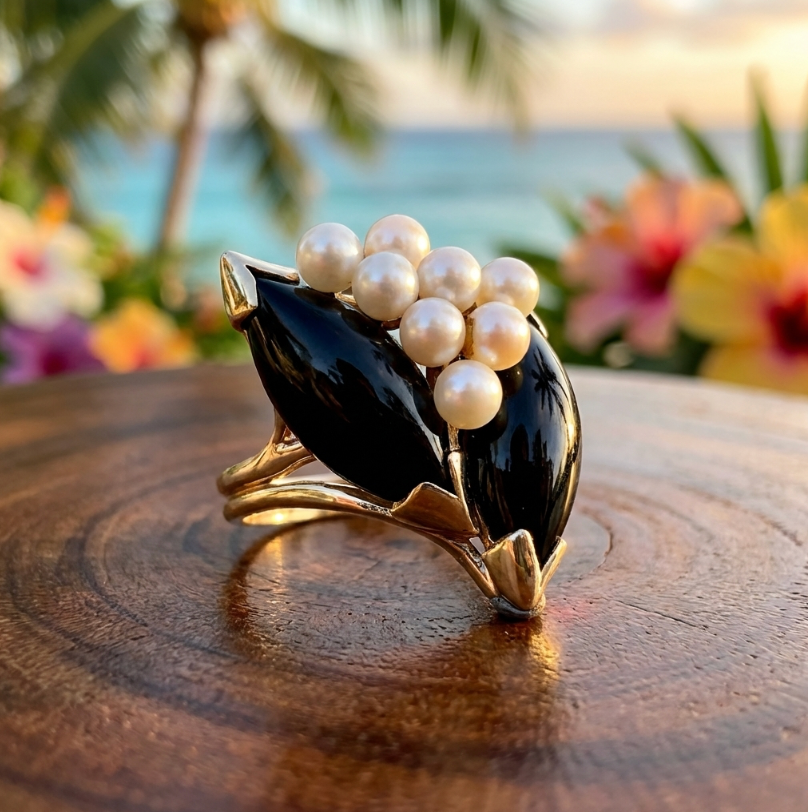 Vintage Double Marquise Onyx and Pearl Ring in 14K Yellow Gold