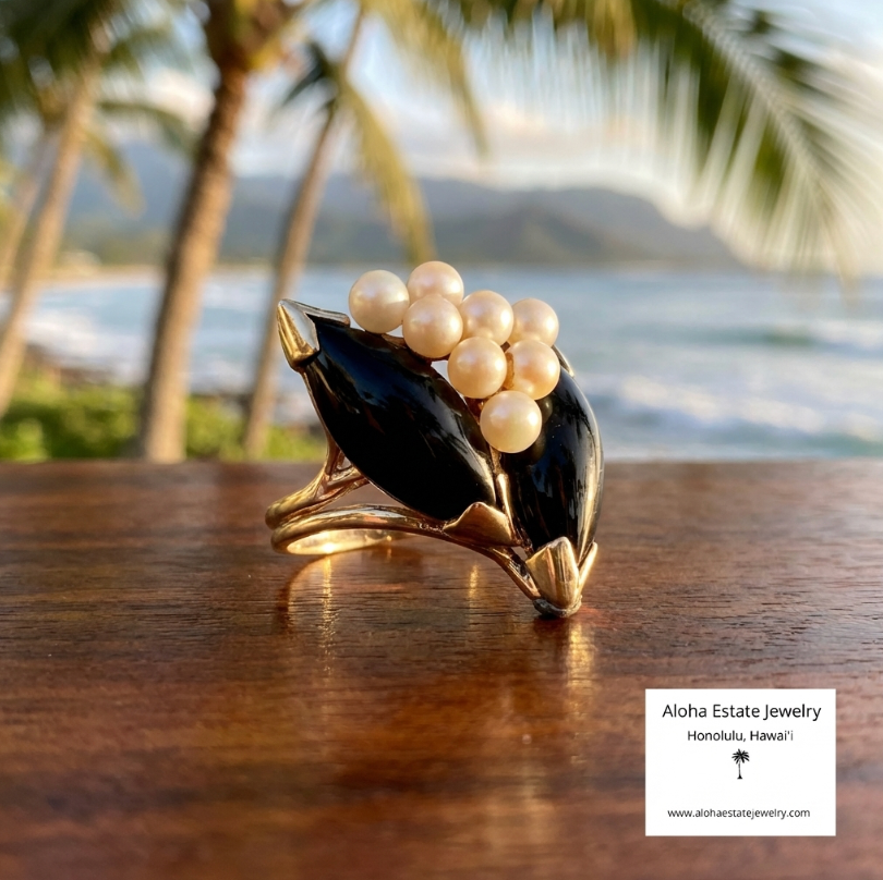 Vintage Double Marquise Onyx and Pearl Ring in 14K Yellow Gold