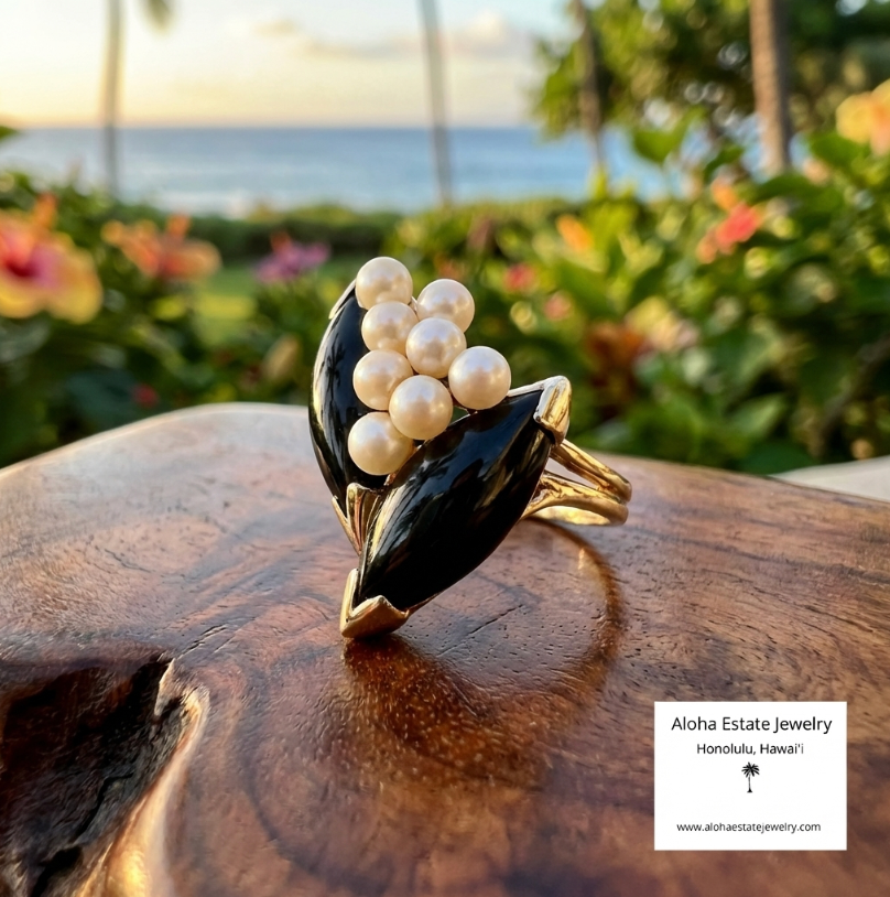 Vintage Double Marquise Onyx and Pearl Ring in 14K Yellow Gold