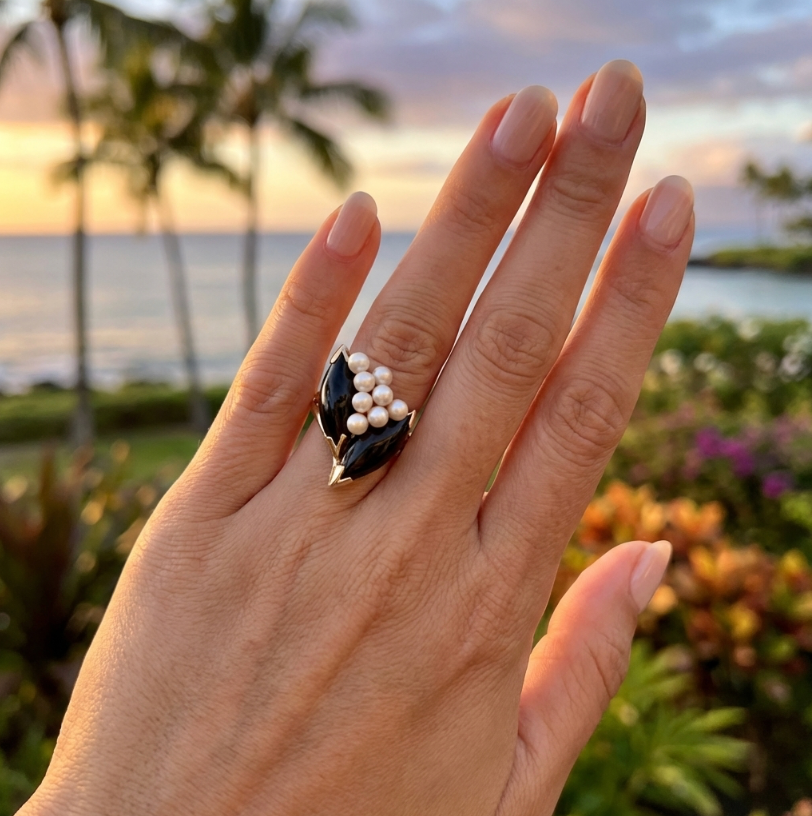 Vintage Double Marquise Onyx and Pearl Ring in 14K Yellow Gold