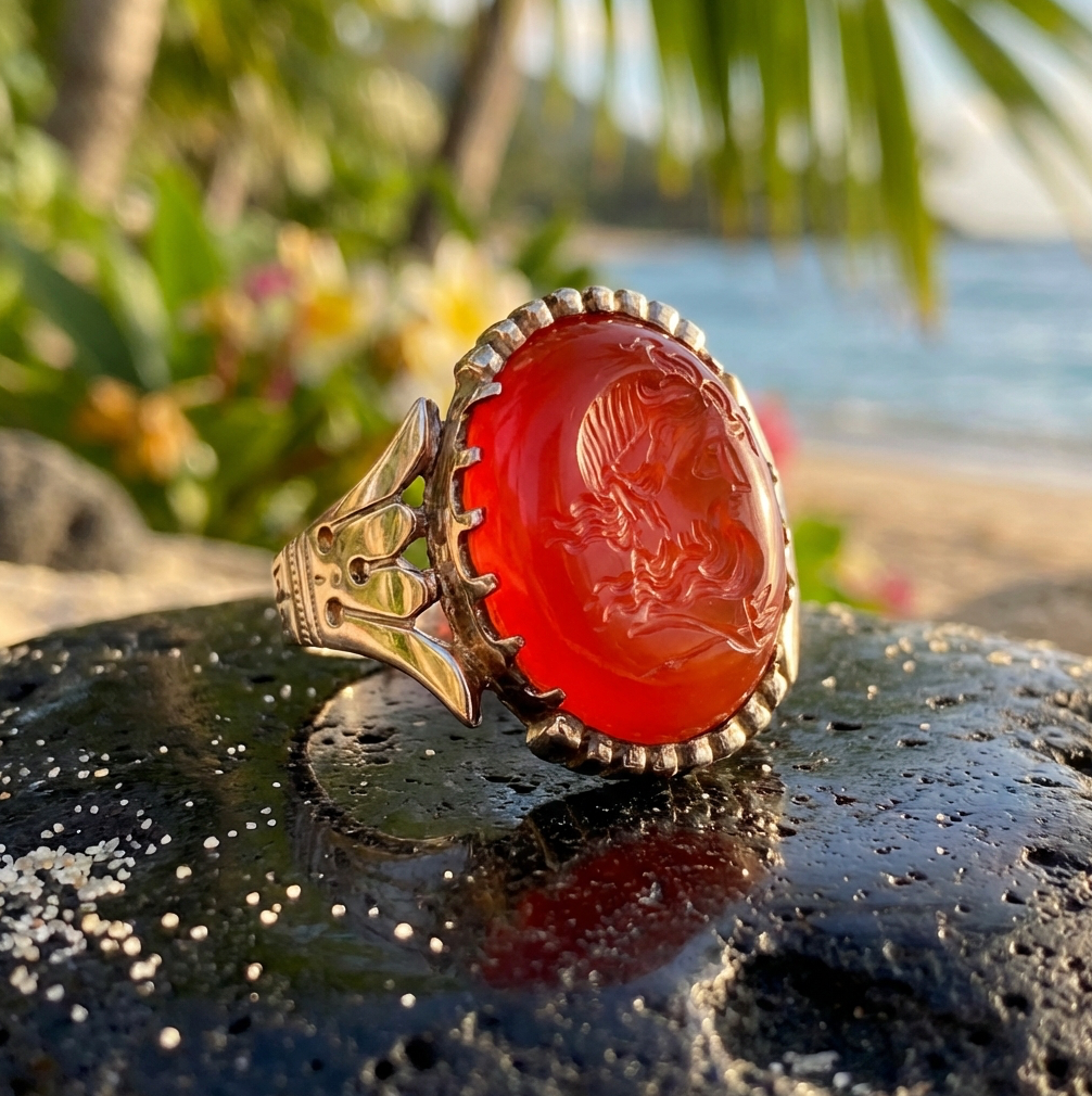 Antique Carved Carnelian Intaglio Poseidon / Neptune Ring