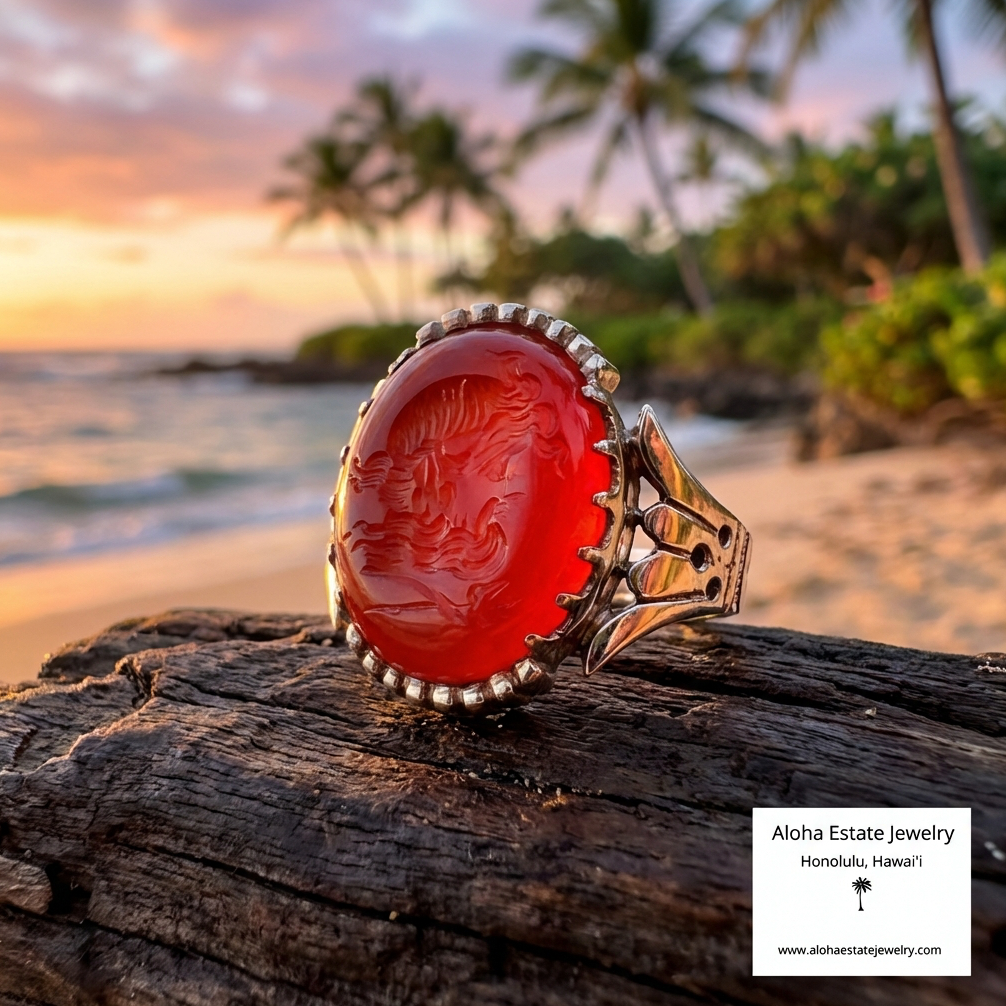 Antique Carved Carnelian Intaglio Poseidon / Neptune Ring