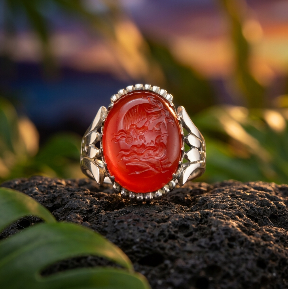 Antique Carved Carnelian Intaglio Poseidon / Neptune Ring