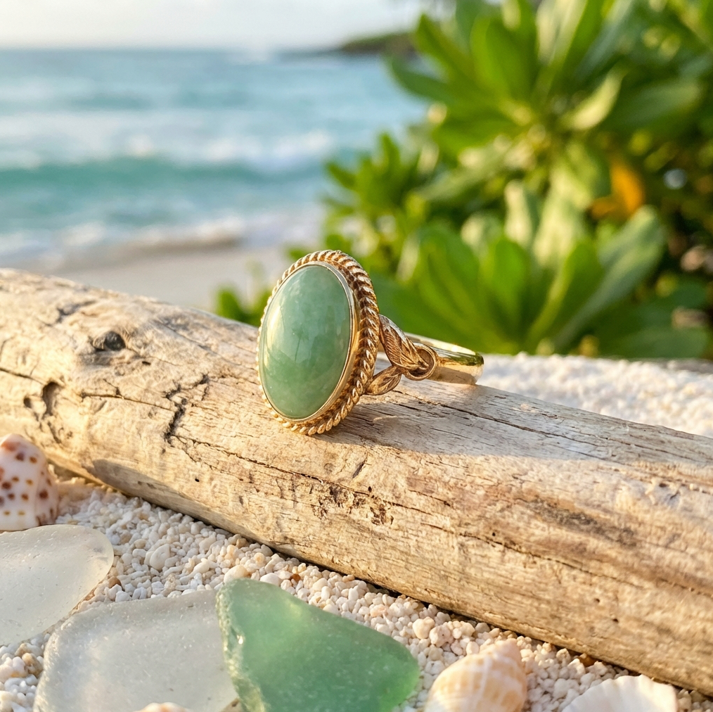 Mid-Century Sage Green Watery Jadeite 18K Ring