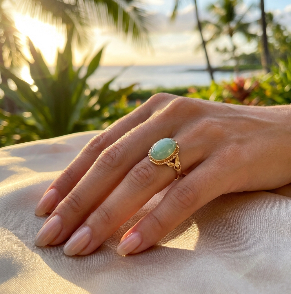 Mid-Century Sage Green Watery Jadeite 18K Ring