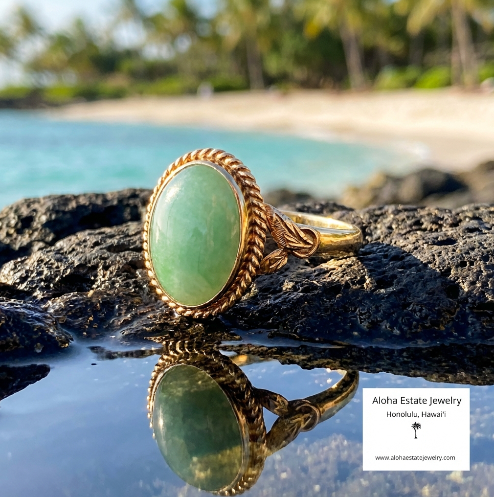 Mid-Century Sage Green Watery Jadeite 18K Ring