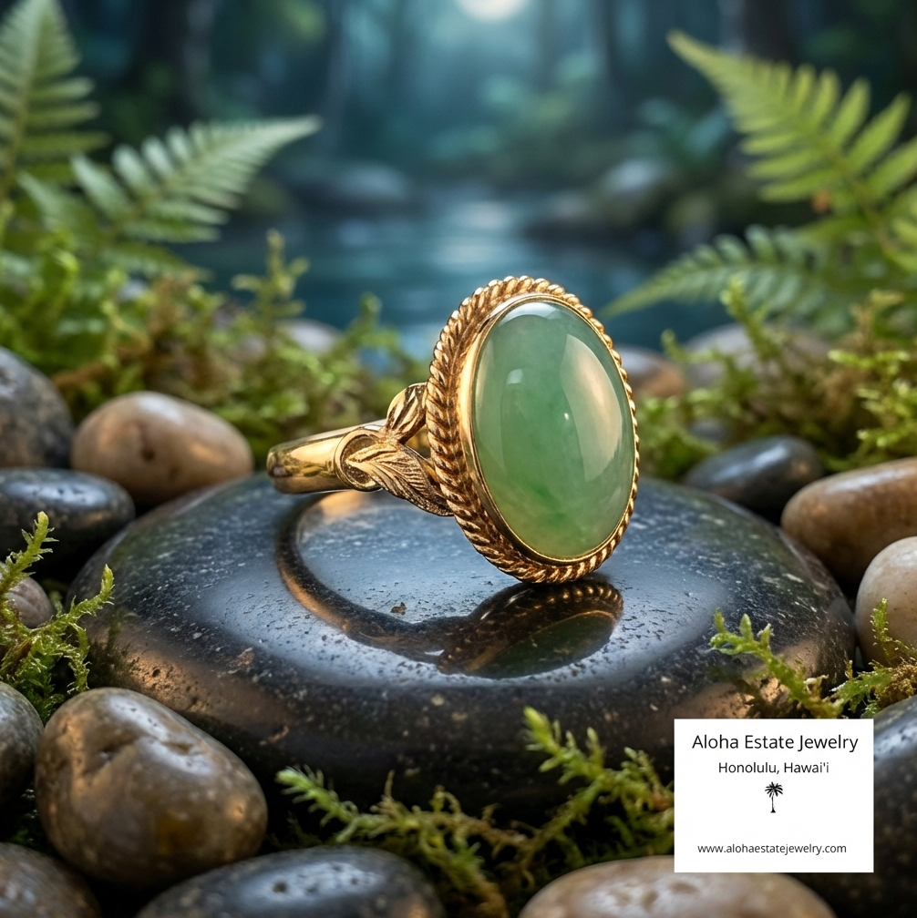 Mid-Century Sage Green Watery Jadeite 18K Ring