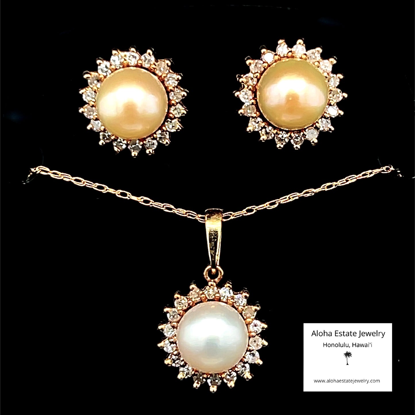 Matching 10k Diamond Halo Pearl Pendant & Earrings Set