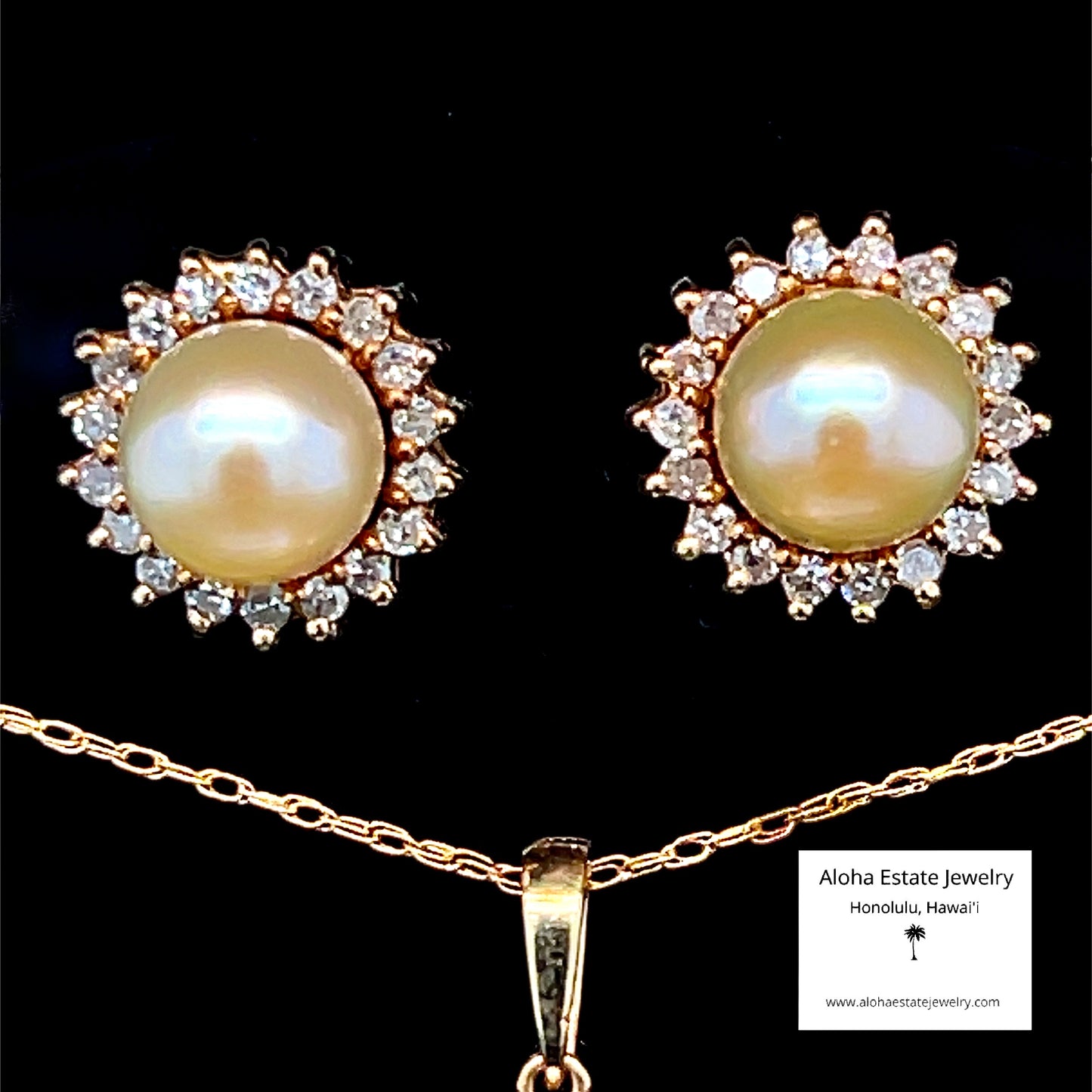 Matching 10k Diamond Halo Pearl Pendant & Earrings Set