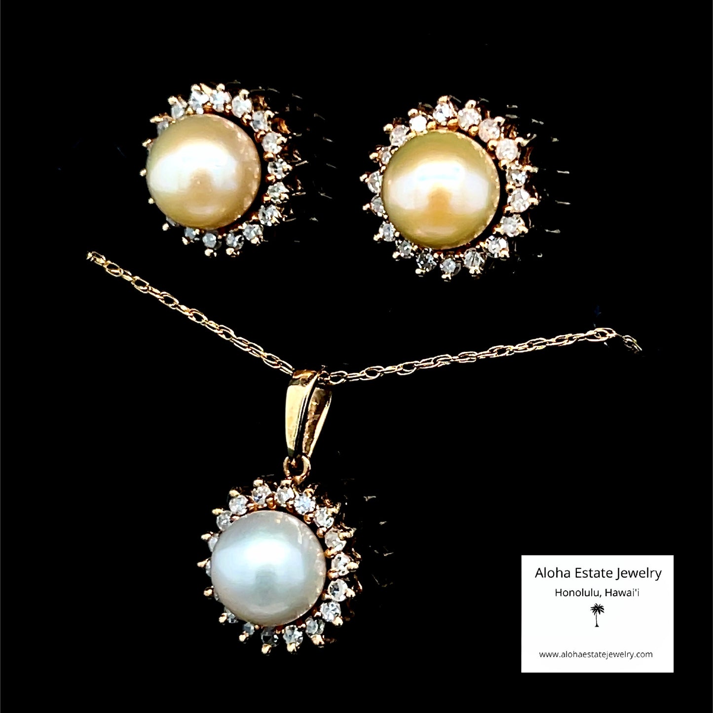 Matching 10k Diamond Halo Pearl Pendant & Earrings Set