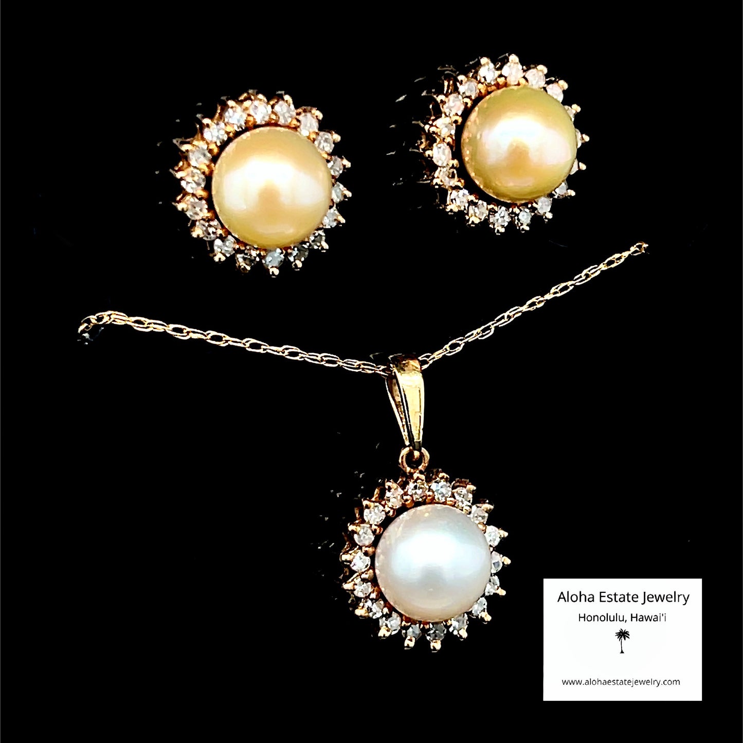 Matching 10k Diamond Halo Pearl Pendant & Earrings Set