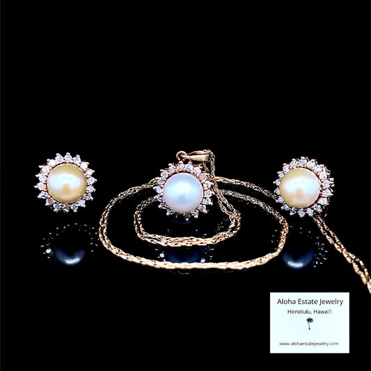 Matching 10k Diamond Halo Pearl Pendant & Earrings Set