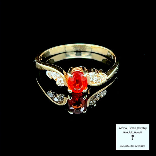 Vintage 14k Orange-Red Sapphire Ring with Diamond Accents